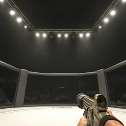 fighting arena first person view from the ground looking up, low angle, hd, bright lights on the roof, digital art, cinematic lighting, anime manga style, baki the grappler, trending on artstation