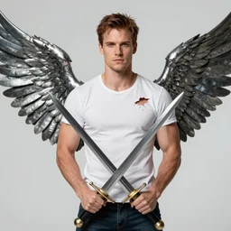 front portrait of attractive Sam Winchester as a muscular warrior holding crossed swords metalic wings wide open, teared apart T-Shirt whole body tattooed with runes and satanic symbols, D&D!, fantasy style, sharp focus!, ultra detailed, art by Artgerm and Peter Andrew Jones, WLUP