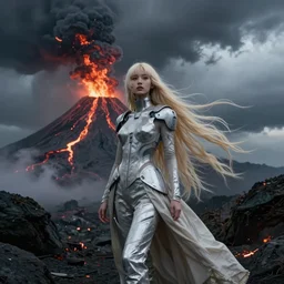 volcano eruption post apocalyptic scene with a long haired flowing blonde cyber girl futuristic runway rick owens bladerunner stormy weather high detailed photography result