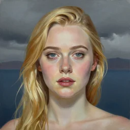 professional painting of Elle Fanning in Santorini in the style of Peter Zumthor, head and shoulders portrait, symmetrical facial features, smooth, sharp focus, illustration, intricate, stormy weather, extremely detailed masterpiece,