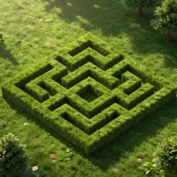 wimmelbilder maze made of mowed lawn, isometric, very sharp