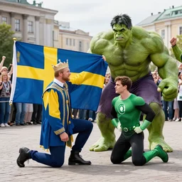 king of sweden pledging his allegiance to the nato flag while hulk and the green lantern kneels beside him and the people are cheering down at the square