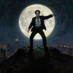 frankenstein boris karloff standing on a giant hill, new york panorama in far background, powerful pose, scary, horror, deep night, giant oversized moon backlighting, dramatic sky, shadows on side, cinematic, side light, backlighting, oil painting by frazetta