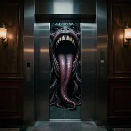 horrifying photorealistic image of a 1 9 2 5 hotel elevator lobby, elevator doors look like a mouth, with a tentacle - shaped tongue, licking out, dark, atmospheric, brooding, smooth, finely detailed, cinematic, epic, lovecraft, in the style of lee gibbons