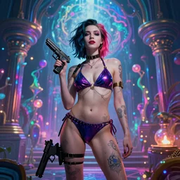 Extreme long Shot of psychedelic Jill valentine in mysterious chromatic astral temple  standing in swimsuit with glock17  , beautiful, dmt, trending on artstation, omnious, soft, hypermaximalistic, high details, cinematic, 8k resolution, artwork by Wong, Liam