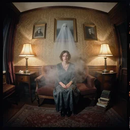 kodak portra 4 0 0, wetplate, fisheye, award - winning portrait by britt marling, 1 9 2 0 s room, ghost, picture frames, shining lamps, dust, smoke, 1 9 2 0 s furniture, wallpaper, carpet, books, muted colours, wood, fog,