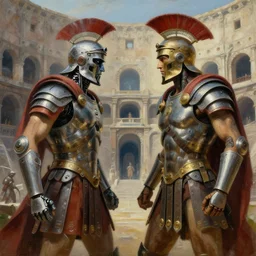 stunning painting of two cybertronic roman gladiators facing each other in a cyberpunk colosseum, sci - fi, focus on the gladiators, by delacroix and h. r. giger