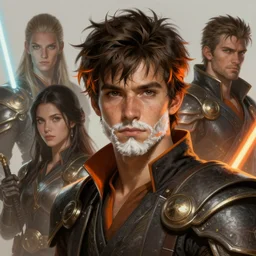 handsome young man!! shaved face, orange accents, messy spiky hair, headband, jedi!! fire emblem, art by artgerm and greg rutkowski and magali villeneuve, portrait, d & d, fantasy, highly detailed, digital painting, trending on artstation, concept art, sharp focus, illustration