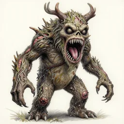 a tree monster, mouth and arms, very detailed colored pencil drawing, masterpiece, trending on artstation, scary