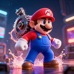 super mario in gears of war, splash art, movie still, cinematic lighting, glowing, neon light, ray tracing, octane render, long lens, shallow depth of field, bokeh, anamorphic lens flare, 8 k, hyper detailed, 3 5 mm film grain