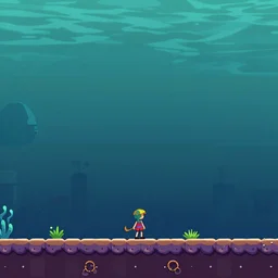 2d side scrolling game set in an underwater dystopia in the style of sanrios hello kitty franchise with fish and sea shells and toxic waste littered about