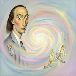 A Whirlpool of cosmic energy, surrealistic style by Salvador Dali and Pablo Picasso, Chaotic Composition, Pastel Color Scheme