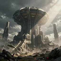 an epic photobashing of a epic cyberpunk military building, alien civilization, futuristic, hyper - realist, post apocalypse, nuclear war, daylight, god's ray, interstellar, atlantica, soviet, by beeple and fvckrender and visualdon, trending on cgsociety, scifi, blockbuster, cg, vfx, concept art, riot cinematic