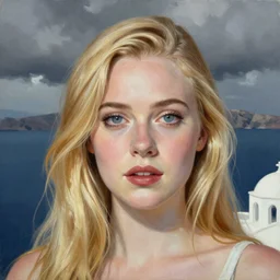 professional painting of Elle Fanning in Santorini in the style of Craig Mullins, head and shoulders portrait, symmetrical facial features, smooth, sharp focus, illustration, intricate, stormy weather, extremely detailed masterpiece,