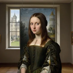 museum painting, wide shot, handsome young woman age of 3 0, big eyes, brown hair, tied, straight shoulder - length! hair, dress of 1 7 th century, castle window, studio lighting, sharp focus, highly detailed, digital art, matte painting, masterpiece, artgerm, rutkowski, botticelli, mucha, leyendecker
