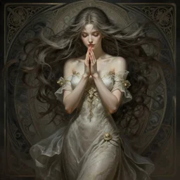 praying seductive looking yuna final fantasy x, windy hair!!, muted tones, surreal dark fantasy, cinematic volumetric lights, full body portrait, dnd, intricate, elegant, highly detailed, digital painting, artstation, concept art, smooth, sharp focus, illustration, art by artgerm and tom bagshaw and greg rutkowski and alphonse mucha
