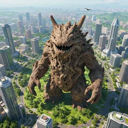 birds eye view of a gigantic drift wood monster looming over a bright and lush futuristic city, video footage