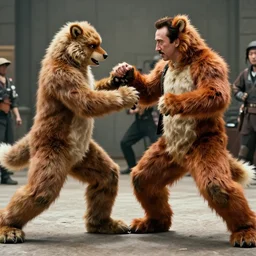 still of nicolas cage beating up furry cosplayers, 4 k, octane render, choreographed fight scene, composition, shot by director park chan - wook