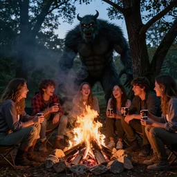 a nice evening around the camp fire, friends are drinking and laughing, there is a monster behind the tree