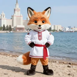 fox mascot for russian university in traditional russian costume, seashore