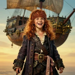realist portrait painting of a 3 5 years old rugged joyful male pirate long long hair soft hair crimson hair simplistic clothes long coat upper body elegant muscular rugged handsome steampunk wood brass gears ornate mechanical zeppelin airship in upper background sky sunset golden hour fantasy rugged character art cinematic lighting art by mucha rutkowski artgerm
