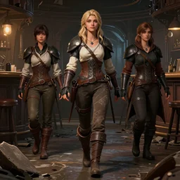 3 d full body character portrait of a female lavellan from dragon age walking through a destroyed dive bar wearing inquisitor clothes, with a realistically proportioned face, realistically rendered face, 3 d model, 3 d character model, realistically rendered clothing, enhanced face, illustration, digital painting, realistic lighting, good value control, realistic shading, substance painter