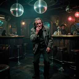 the full - body shot of drunk crying old wrinkled unkempt drunkard ( ( joaquin phoenix ) ) with sideburns worn in grey jacket in dark steampunk fallout disco bar, cinematography of christopher doyle, frostpunk, neon gloomy light, discoball reflections, anamorphic, optical flares, kodak film, sharp focus, 8 k