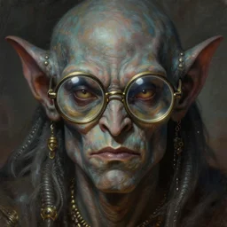 a beholder from d & d wearing thick rimmed nerd glasses, fantasy painting, elegant intricate digital painting artstation, art by frank frazetta and boris vallejo, detailed