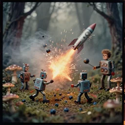 kodak portra 4 0 0, wetplate, muted colours, blueberry, 1 9 3 0 s style, fighting tin toy robots in a forest full of mushrooms, fire, motion blur, explosions, rockets, bombs, sparks, haze, fog, by georges melies and by britt marling