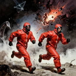two scientists wearing red rick owens hazmat suits running from a collapsing star by frank frazetta