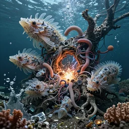 complex merged creatures with translucent debris scales gills and fins, normal map, textured, glowing covered in worms, electronic wires, electricity explosion, worm hole, plastic sea wrapped, underwater tree roots strangled, water splash bubbles, flow, coral, glass debris pieces, dust particles, dramatic lighting, electronic wires, fire sparks, high resolution photo,