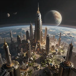 an extremely detailed masterpiece epic color scene of a futuristic city massive sky scrappers and extraterrestrial citizens on an earth like planet with a ringed planet background, in the style of frank kelly freas, giorgio vasari, elegant, highly detailed, digital painting, artstation, cinematic lighting, extremely moody lighting, glowing light and shadow, 4 k
