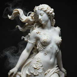 a sculpture of a stunningly beautiful woman with flowing tears, fractal flowers on the skin, intricate, a marble white sculpture by nicola samori on black bacground, neo - expressionism, marble sculpture, made of mist, still frame from the prometheus movie by ridley scott with cinematogrophy of christopher doyle, arri alexa, 8 k