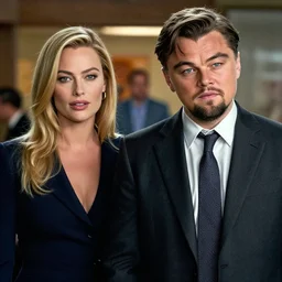leonardo dicaprio as the wolf of wall street next to margot robbie, cinematic, long shot, hyper detailed, hyper realistic faces, 8 5 mm photograph, 8 k resolution, film still, sharp lens, wide lens