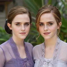 portrait of lindsey pelas and emma watson wearing kebaya in bali, by charlotte grimm, natural light, detailed face, beautiful features, symmetrical, canon eos c 3 0 0, ƒ 1. 8, 3 5 mm, 8 k, medium - format print,