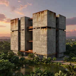 an extremely detailed building, brutalist architecture, streetscapes, surrounded by lush green forest and murky ponds of water, stunning volumetric lighting, sunset, rusted steel, smooth solid concrete, stunning skies, trending on Artstation, 8k, photorealistic, hyper detailed, unreal engine 5, IMAX quality, cinematic, epic lighting, in the style of the game DOOM, by Greg Rutkowski
