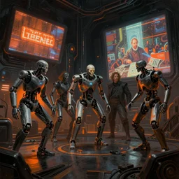 futuristic neon lit scene of ( death of the money lenders ), ( ( robot cyborgs ) ), futuristic oil painting by rembrandt and jeff koonz, ( ( led panel screens and projections ) ), intricate details, ( ultra realistic ), dynamic lighting, black and orange colour palette, octane render