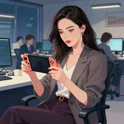 a ultradetailed beautiful portait panting of a stylish woman holding a nintendo switch, she is sitting in an office at night, by ilya kuvshinov, greg rutkowski and makoto shinkai