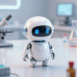 a cute rounded tiny robot with tiny arms, made out of shiny reflective white metal, standing on a lab table surrounded by lab tools, 3 d hyper realistic render, white neon lighting, pixar style, futuristic, science fiction, high angle shot, macro, wholesome