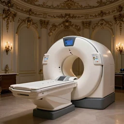 exploded view of a mri scanner inside a detailed ornate baroque chamber, full colour, hyper realistic photo, candle light, shallow depth of field, upscale, 8 k, masterpiece,