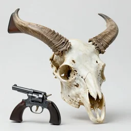 animal skull made of rifles, skull made of revolvers, ultra-realistic, intricate details photograph