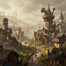 a packed steampunk village, light fog, by greg rutkowski, by zdzislaw beksinski, very detailed, octane render, warm color lighting, volumetric lighting, 8 5 mm