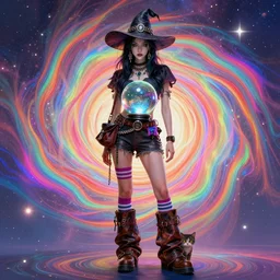 sorceress, hat, wide leather boots, short shorts, striped socks, glass ball at the waist, bag over the waist, cat by the leg, center of the universe, psychedelic, greg rutkowski, trending on artstation
