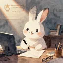 a watercolor painting of a cute happy cartoon rabbit sitting at a desk writing on a paper