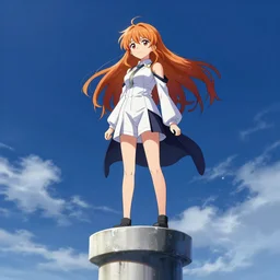 Hitagi Senjougahara standing atop a pillar, art by studio Shaft, professional illustration