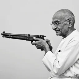 black and white photograph of gandhi with a machine gun, fending off a platoon of british soldiers, on the steps of the red fort, wide angle