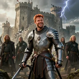 ( ( ( laughing ) ) ) ( ( ( ( copper haired chris hemsworth ) ) ) ) as destruction from sandman looking like kristofer hivju!!, medival armour!!, by jeremy mann, by frank moth, jeff easley, alphonse mucha, dave mckean, in front of a destroyed castle, soft lightning, high detailed, 8 k