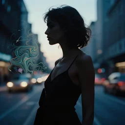 beautiful female body silhouette, beautiful portrait, photography by amy leibowitz and filip fedorov, urban city photography, close up portrait, cinematic still, film still, magic hour, dark mood, cold colors, sony, kodak, long exposure, art noveau painting, liquid marble fluid painting, neon glow