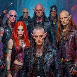 cinematic portrait of an apocalyptic scifi orcish biker gang, group photo, perfect faces, psychedelic vibrant colors, futuristic punk rock fashion, highly detailed oil painting by ( ( ( michael whelan ) ) ) art, dynamic poses, sharp focus, detailed eyes, realistic, long hair, leather jacket, 8 k cover art