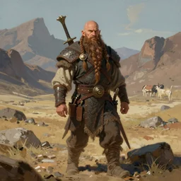 a bald warrior male dwarf with long brown braided beard in a barren mountainous landscape, art by mark brooks, jason edmiston, glenn fabry